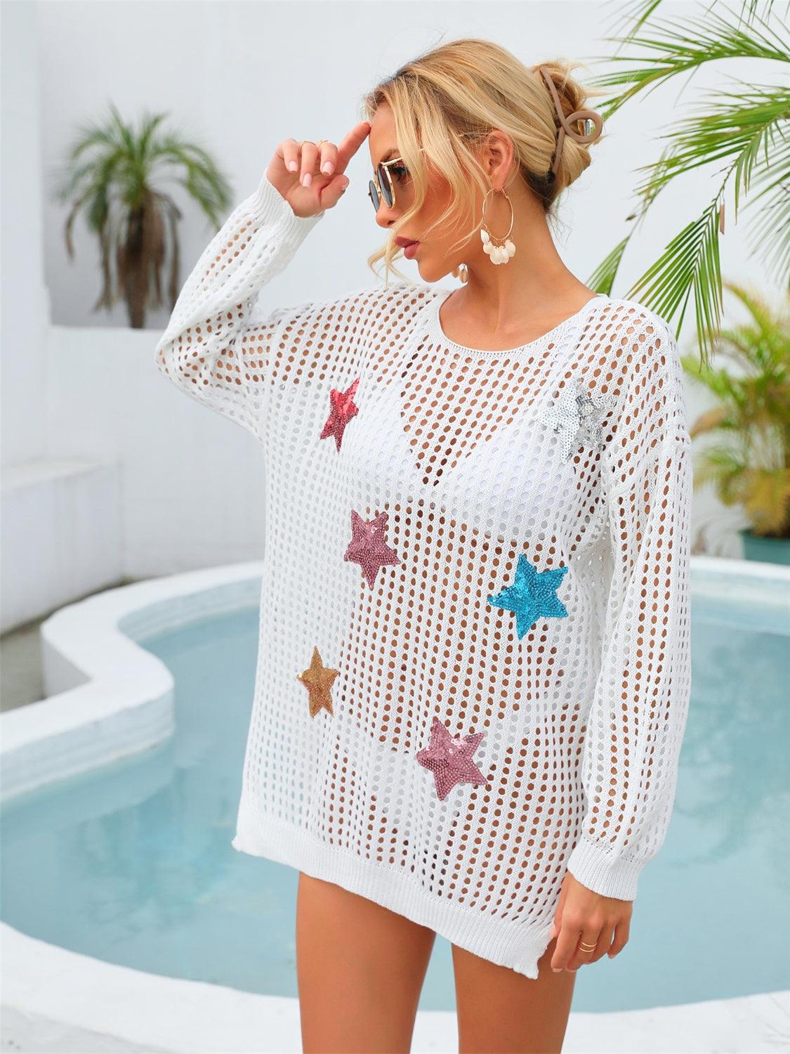 sequin-star-round-neck-long-sleeve-cover-up - Immenzive