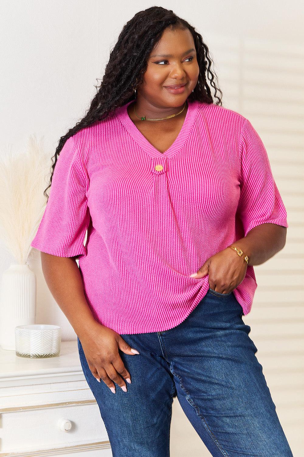 Sew In Love Full Size Ribbed V-Neck Short Sleeve Top - Immenzive