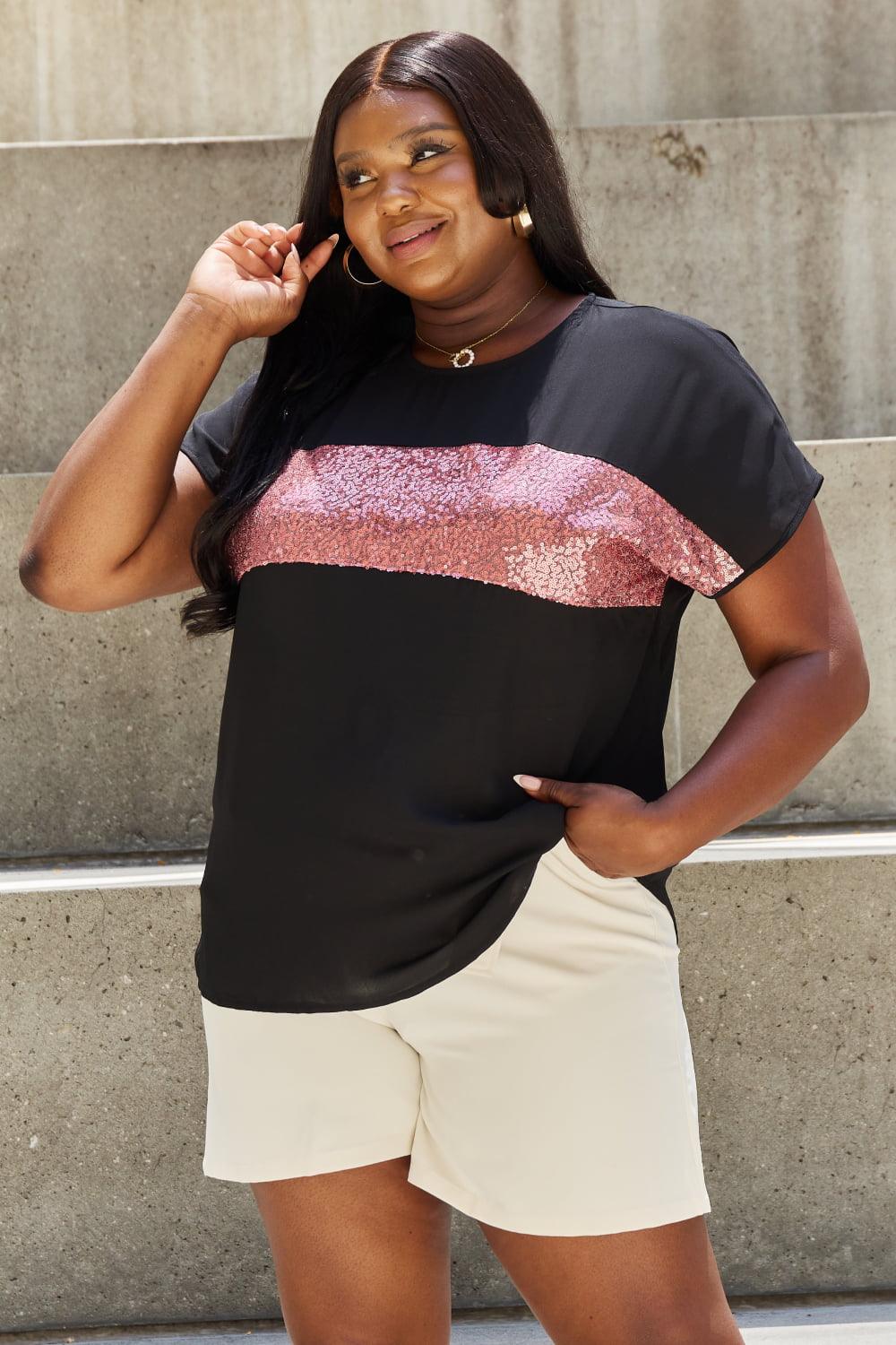 Sew In Love Shine Bright Full Size Center Mesh Sequin Top in Black/Mauve - Immenzive