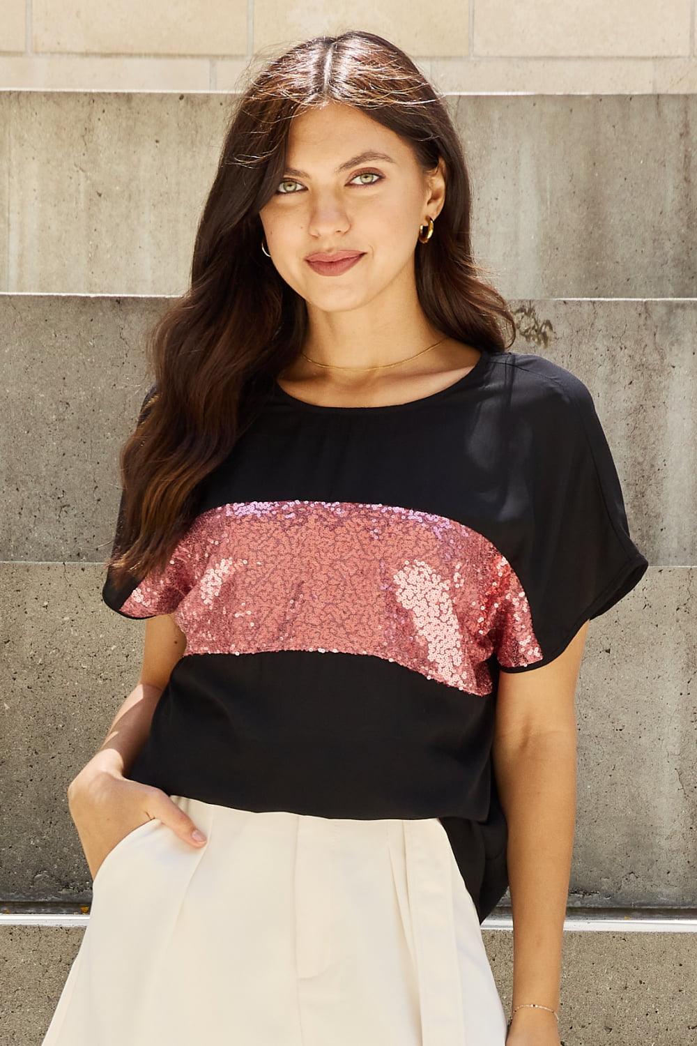 Sew In Love Shine Bright Full Size Center Mesh Sequin Top in Black/Mauve - Immenzive