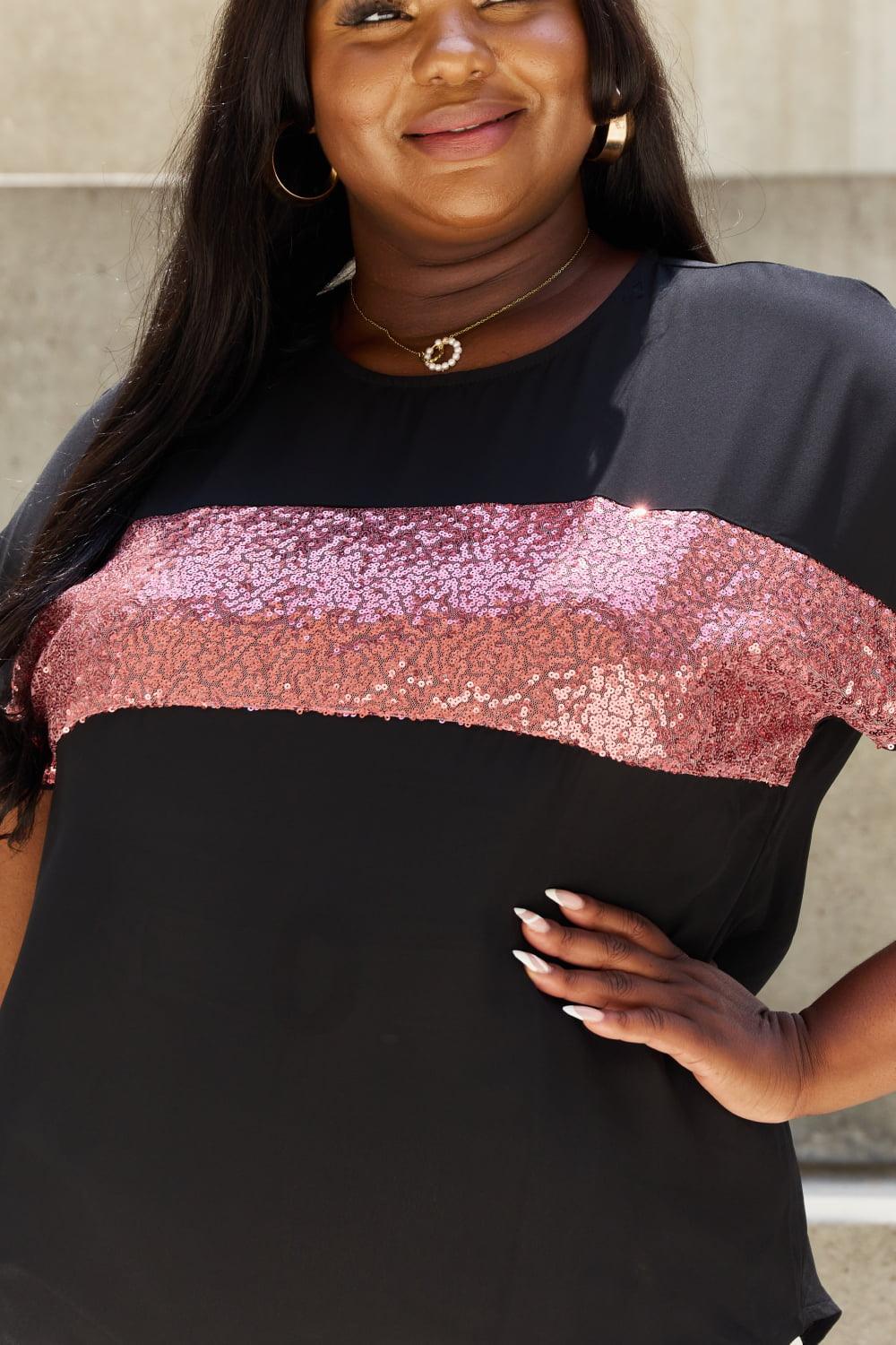 Sew In Love Shine Bright Full Size Center Mesh Sequin Top in Black/Mauve - Immenzive