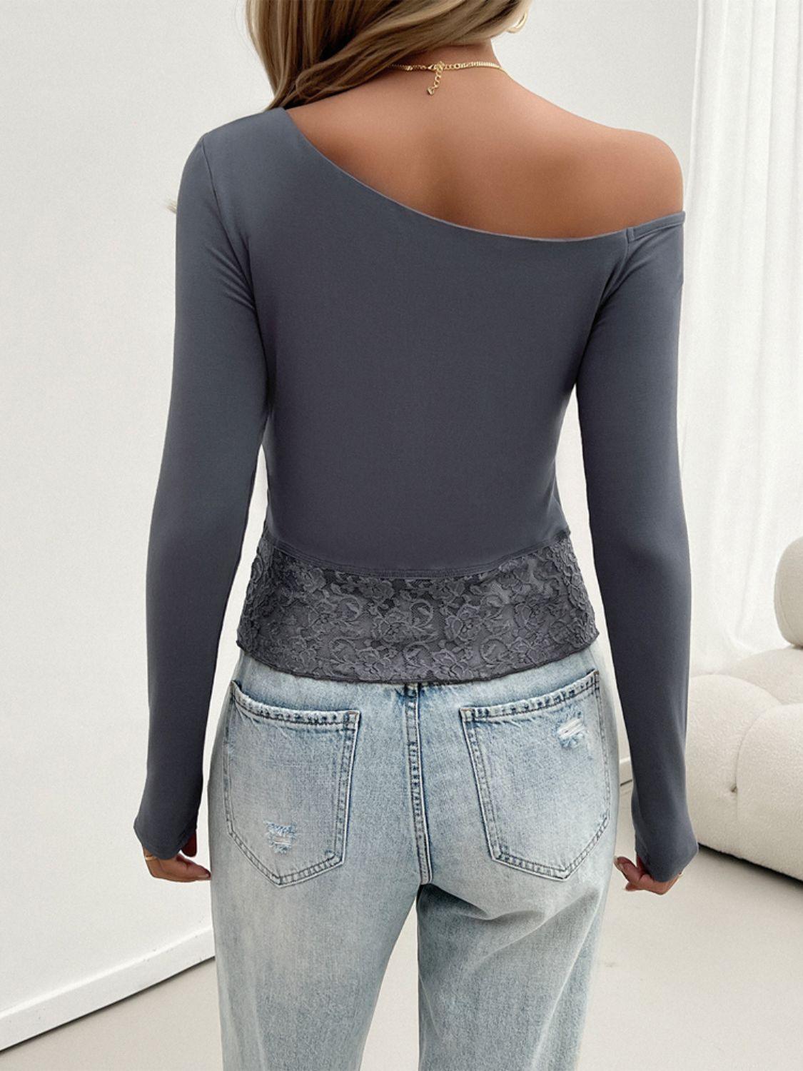 Single Shoulder Long Sleeve Lace T-Shirt - Immenzive