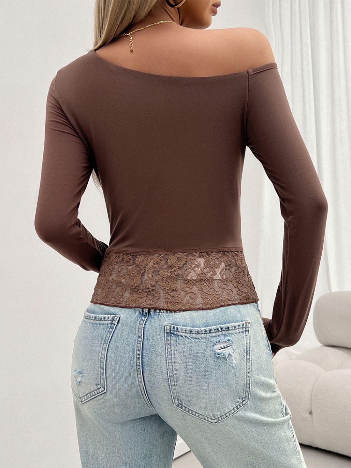 Single Shoulder Long Sleeve Lace T-Shirt - Immenzive