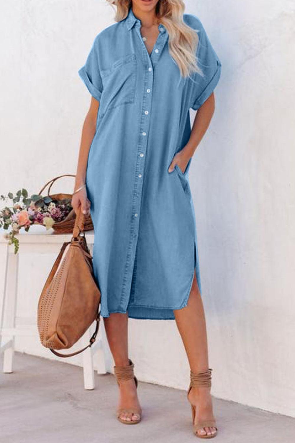 Slit Button Up Short Sleeve Imitation Denim Dress - Immenzive