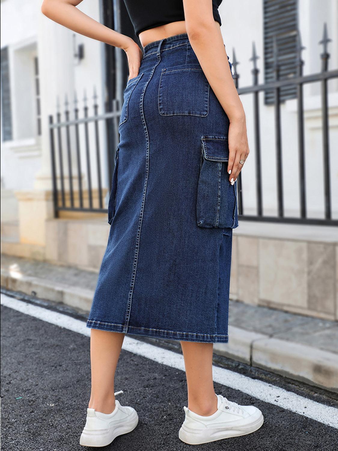 Slit Denim Skirt with Pockets - Immenzive