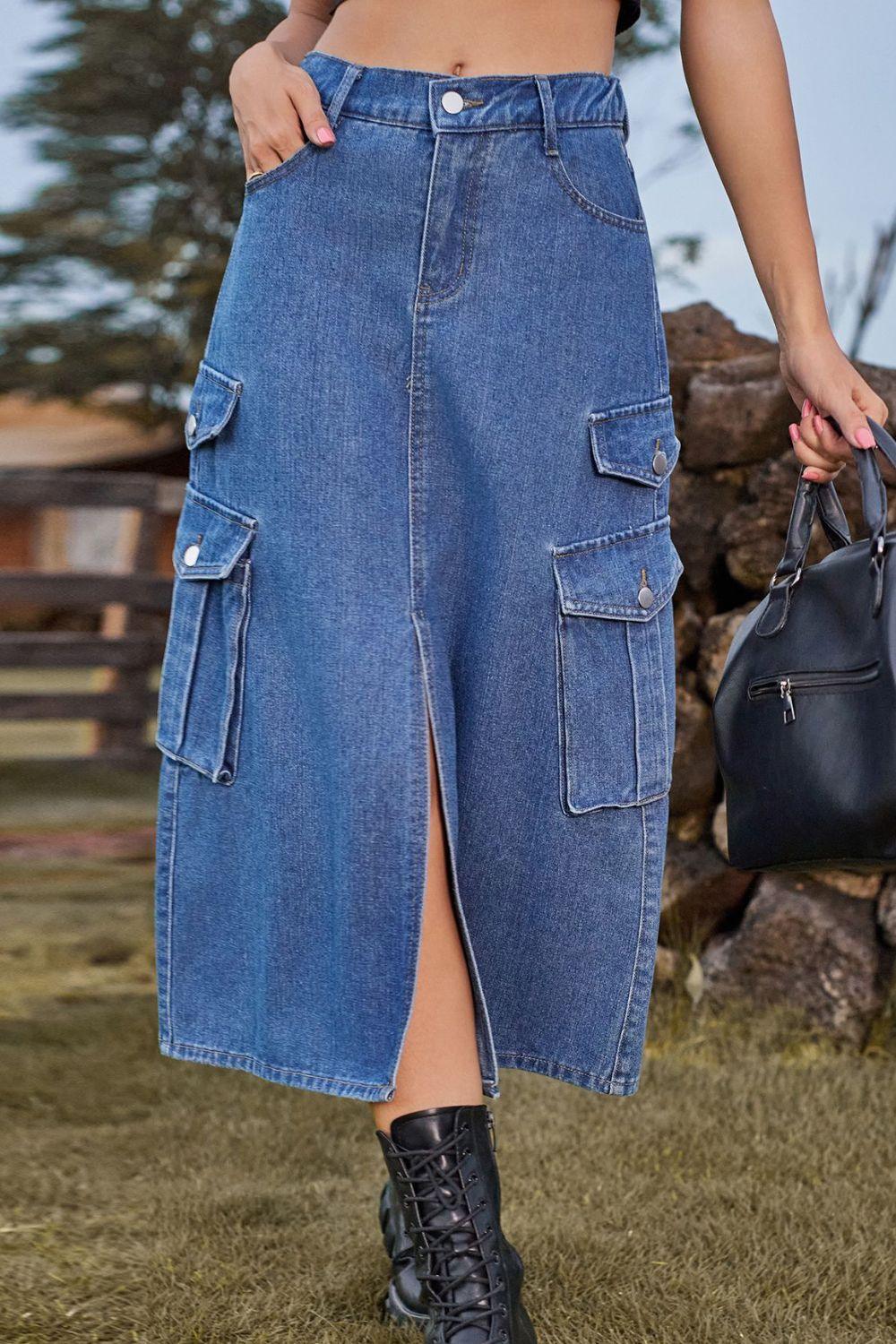 Slit Front Midi Denim Skirt with Pockets - Immenzive