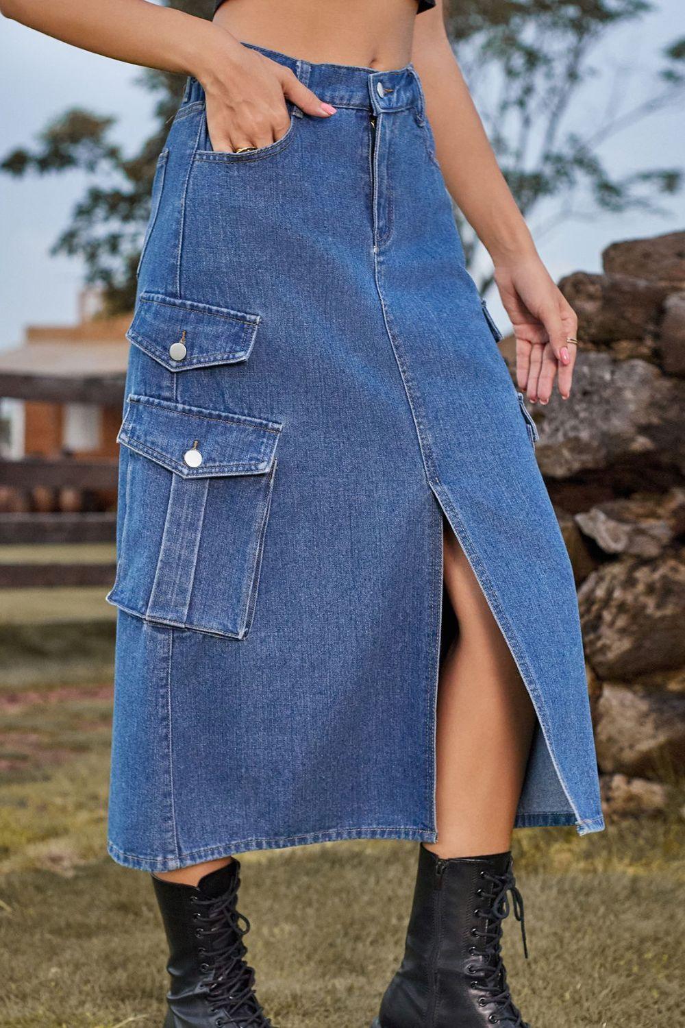 Slit Front Midi Denim Skirt with Pockets - Immenzive