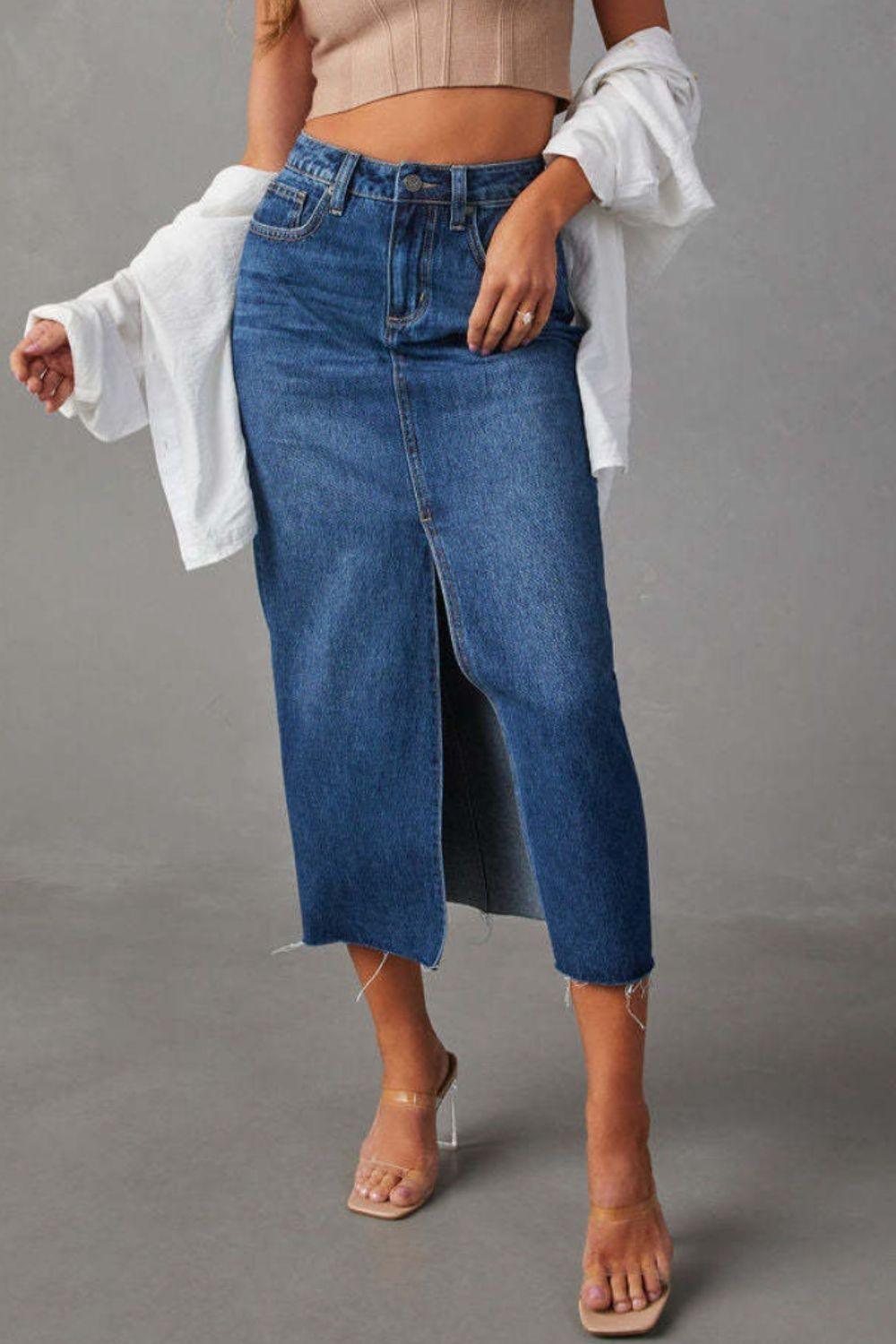 Slit Raw Hem Midi Denim Skirt - Immenzive