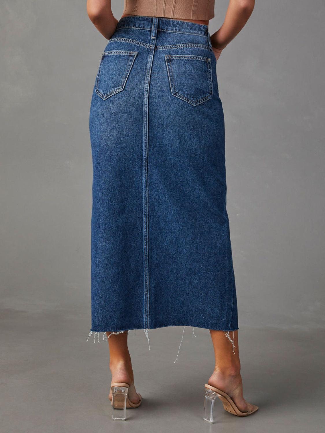 Slit Raw Hem Midi Denim Skirt - Immenzive