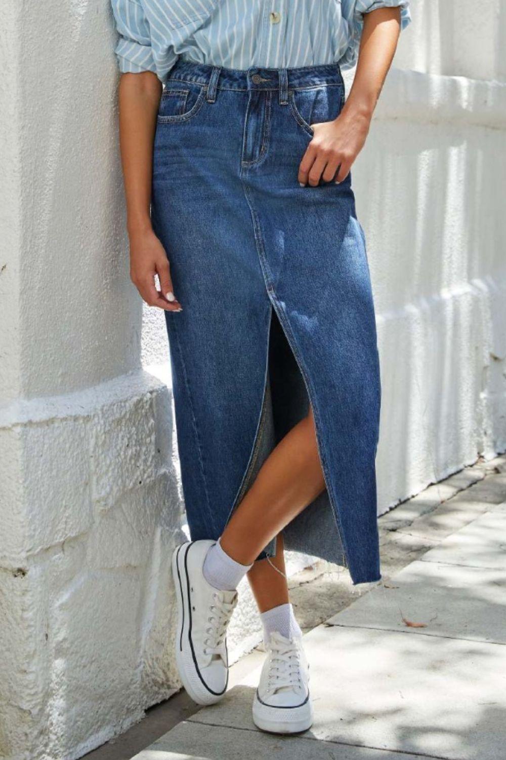 Slit Raw Hem Midi Denim Skirt - Immenzive