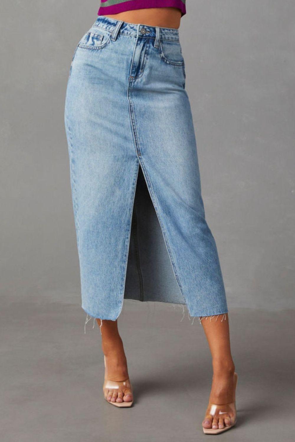 Slit Raw Hem Midi Denim Skirt - Immenzive