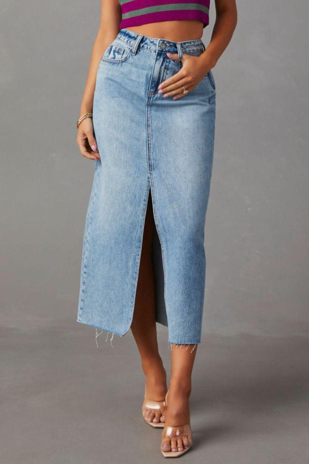 Slit Raw Hem Midi Denim Skirt - Immenzive