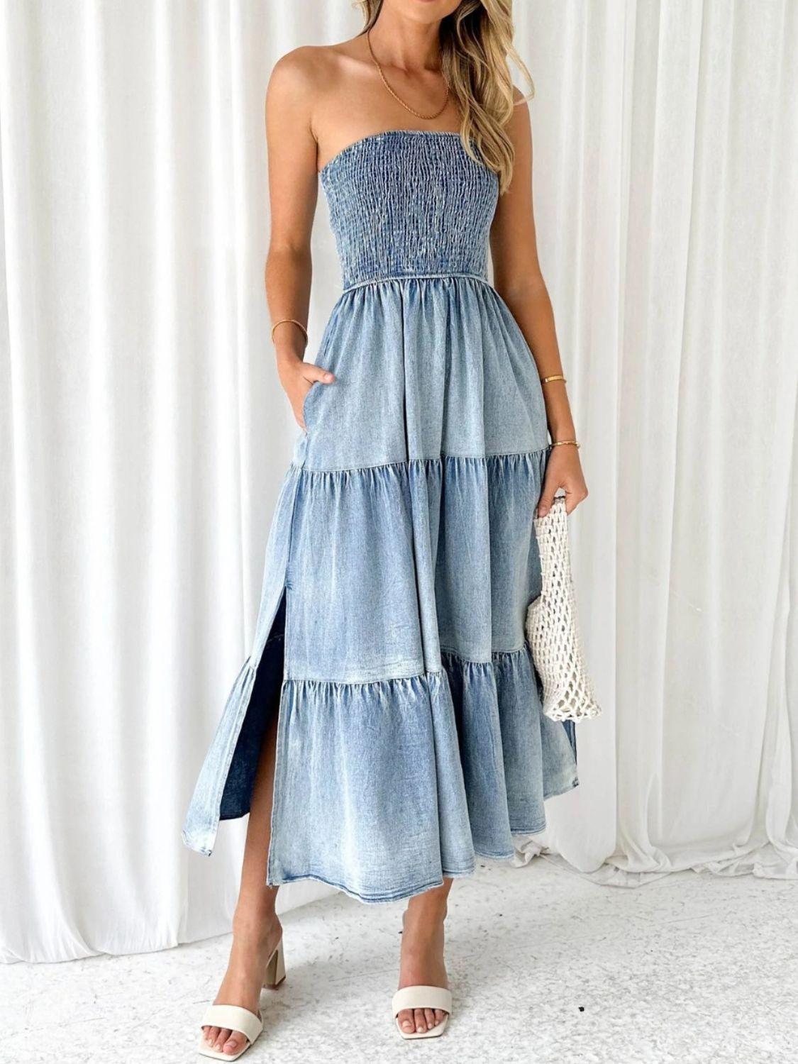 Slit Smocked Tube Tiered Denim Dress - Immenzive