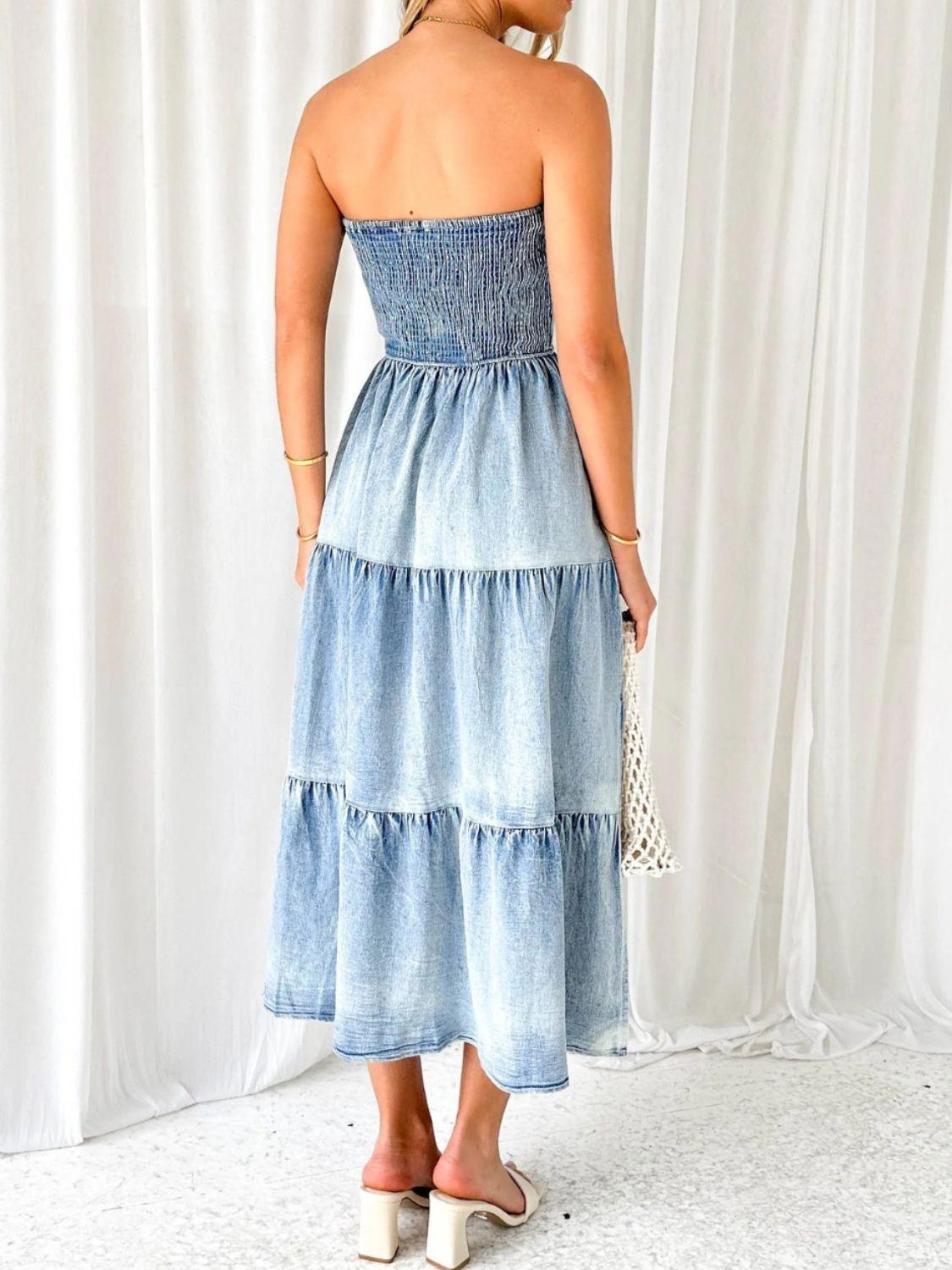 Slit Smocked Tube Tiered Denim Dress - Immenzive