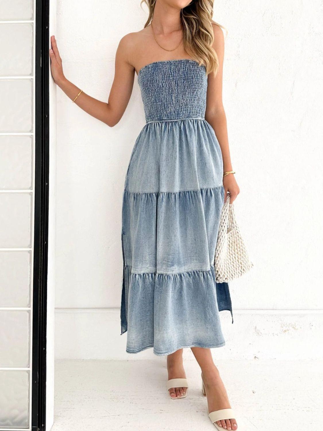 Slit Smocked Tube Tiered Denim Dress - Immenzive