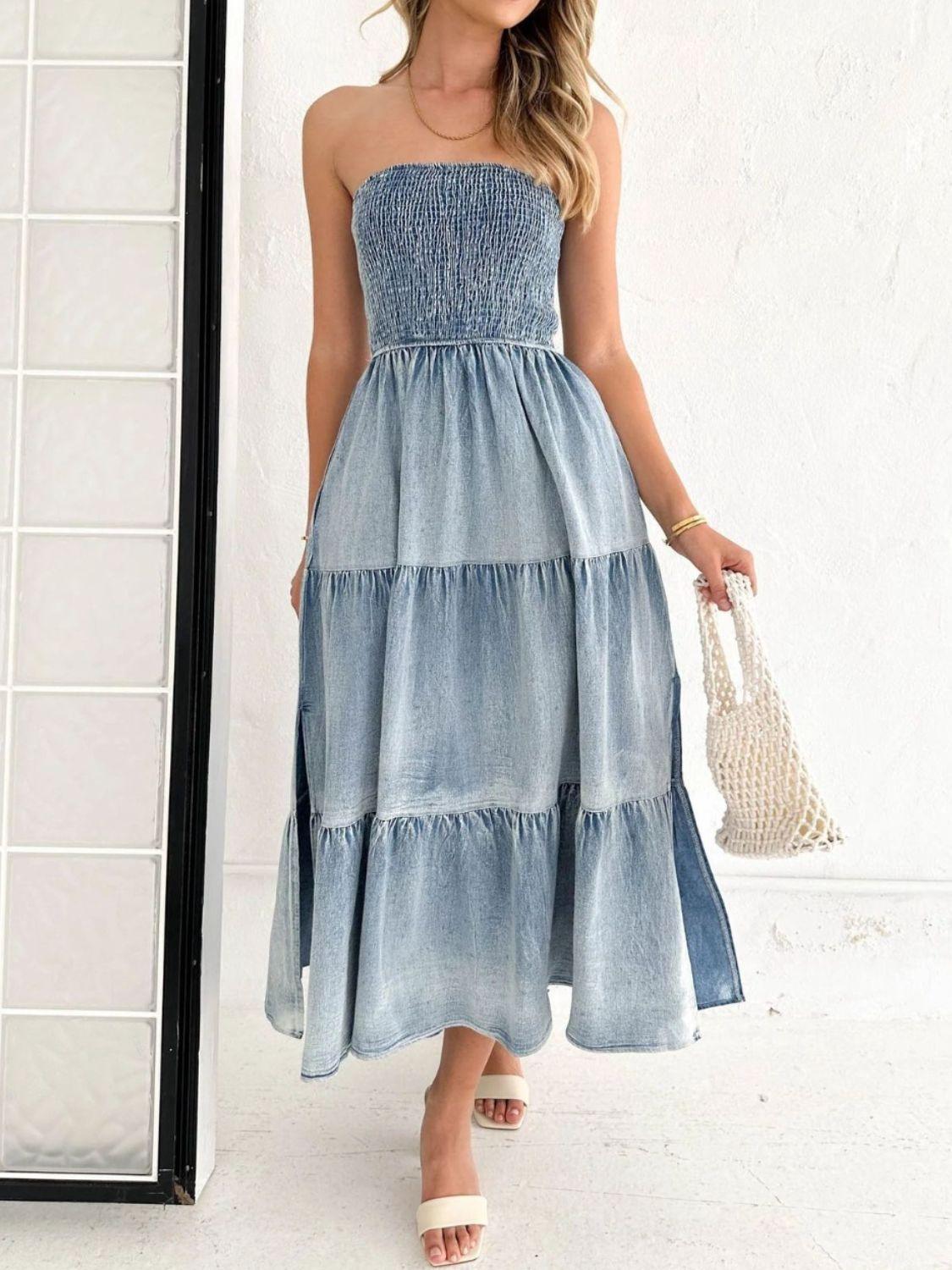 Slit Smocked Tube Tiered Denim Dress - Immenzive