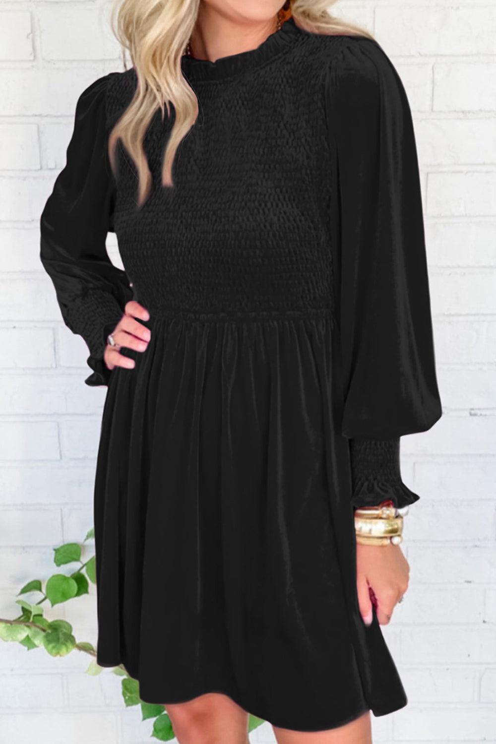 Smocked Round Neck Long Sleeve Dress - Immenzive