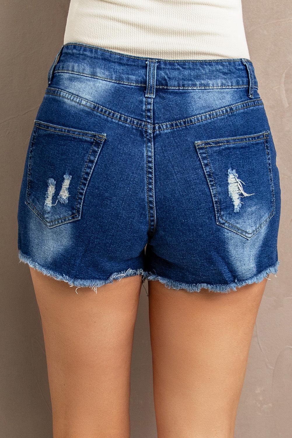 Spliced Lace Distressed Denim Shorts - Immenzive