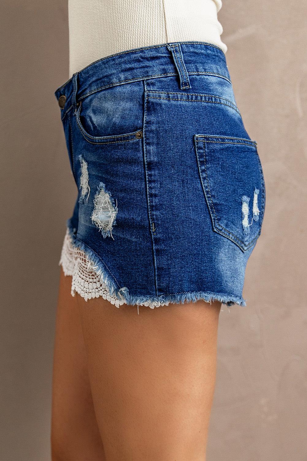 Spliced Lace Distressed Denim Shorts - Immenzive