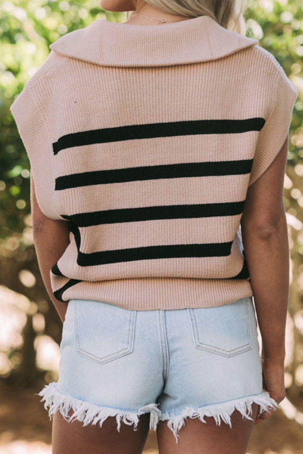 Striped Half Zip Cap Sleeve Knit Top - Immenzive