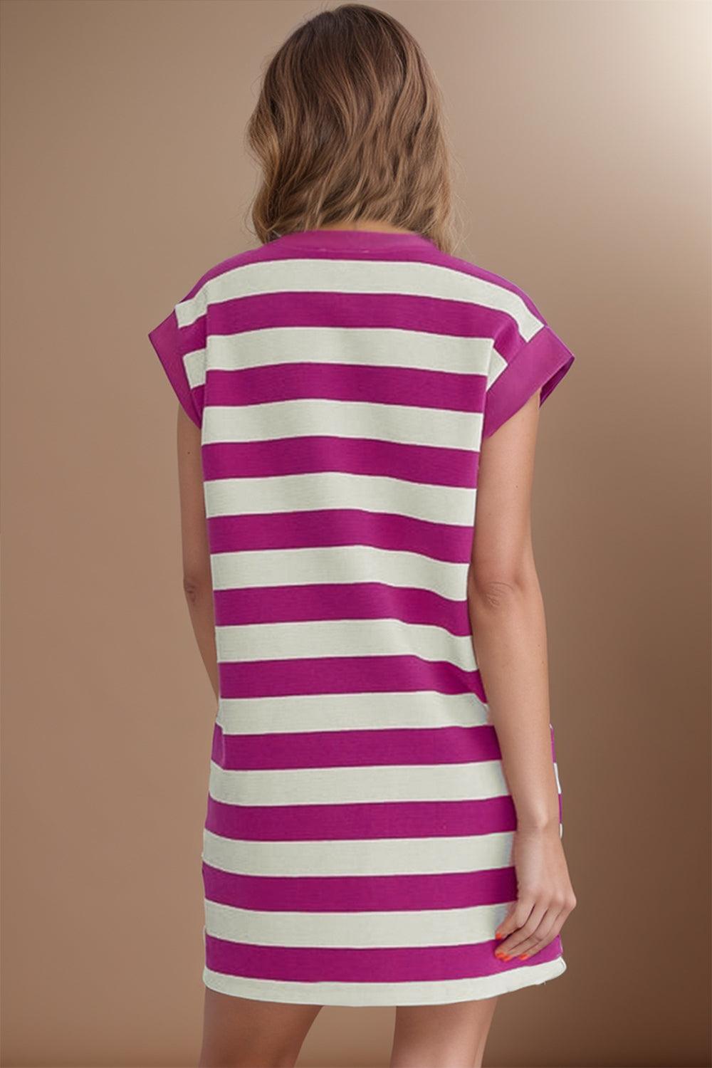 Striped Round Neck Cap Sleeve Dress - Immenzive