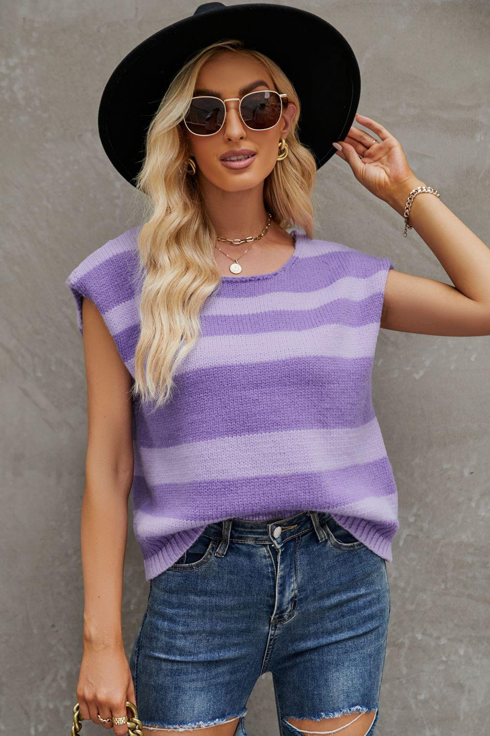 Striped Round Neck Cap Sleeve Knit Top - Immenzive