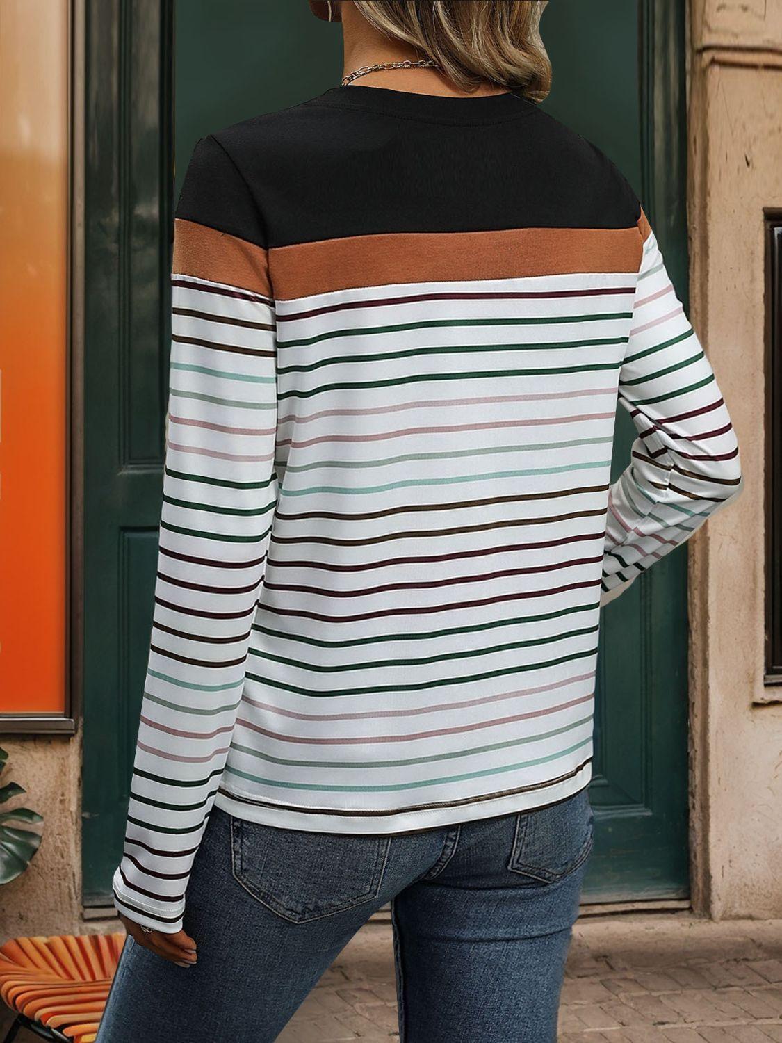 Striped Round Neck Long Sleeve T-Shirt - Immenzive