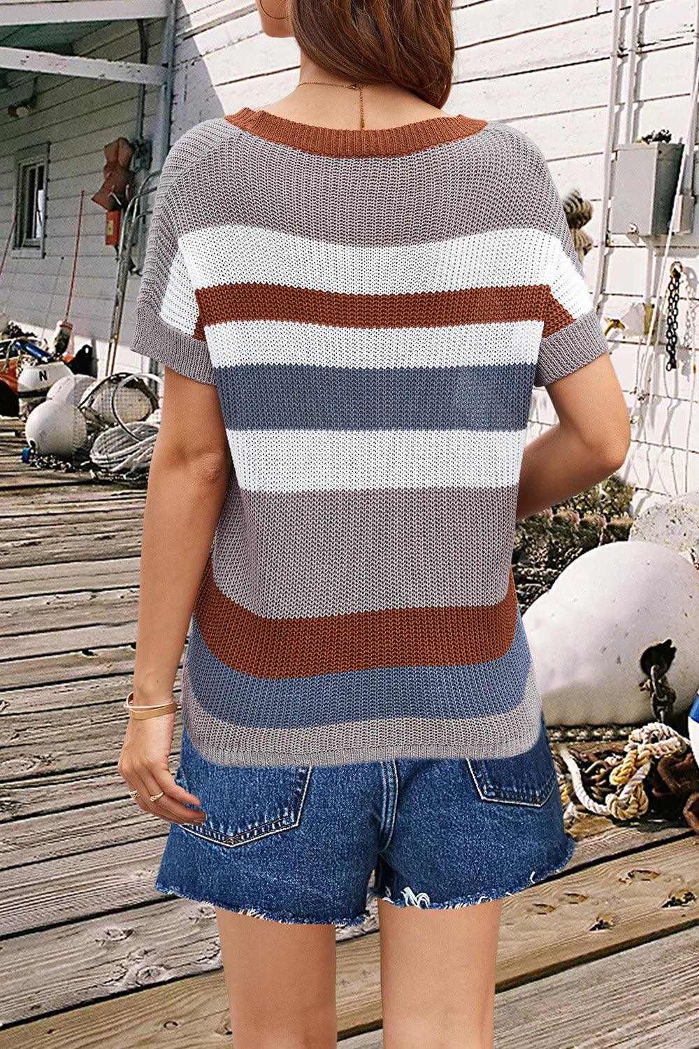 Striped Round Neck Short Sleeve Knit Top - Immenzive