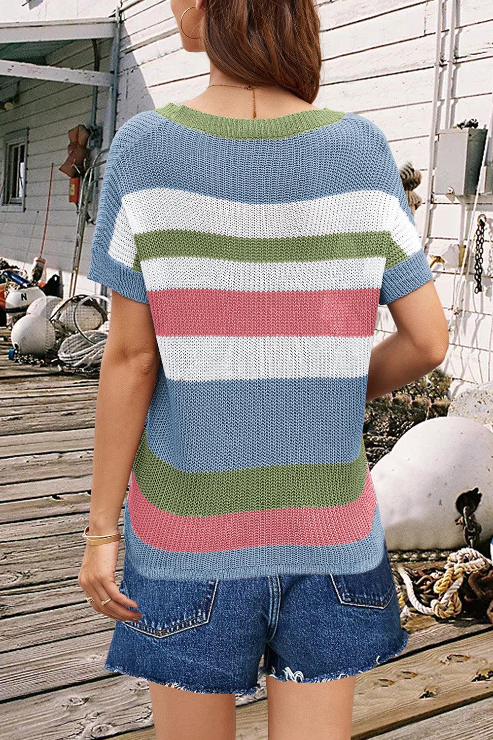 Striped Round Neck Short Sleeve Knit Top - Immenzive