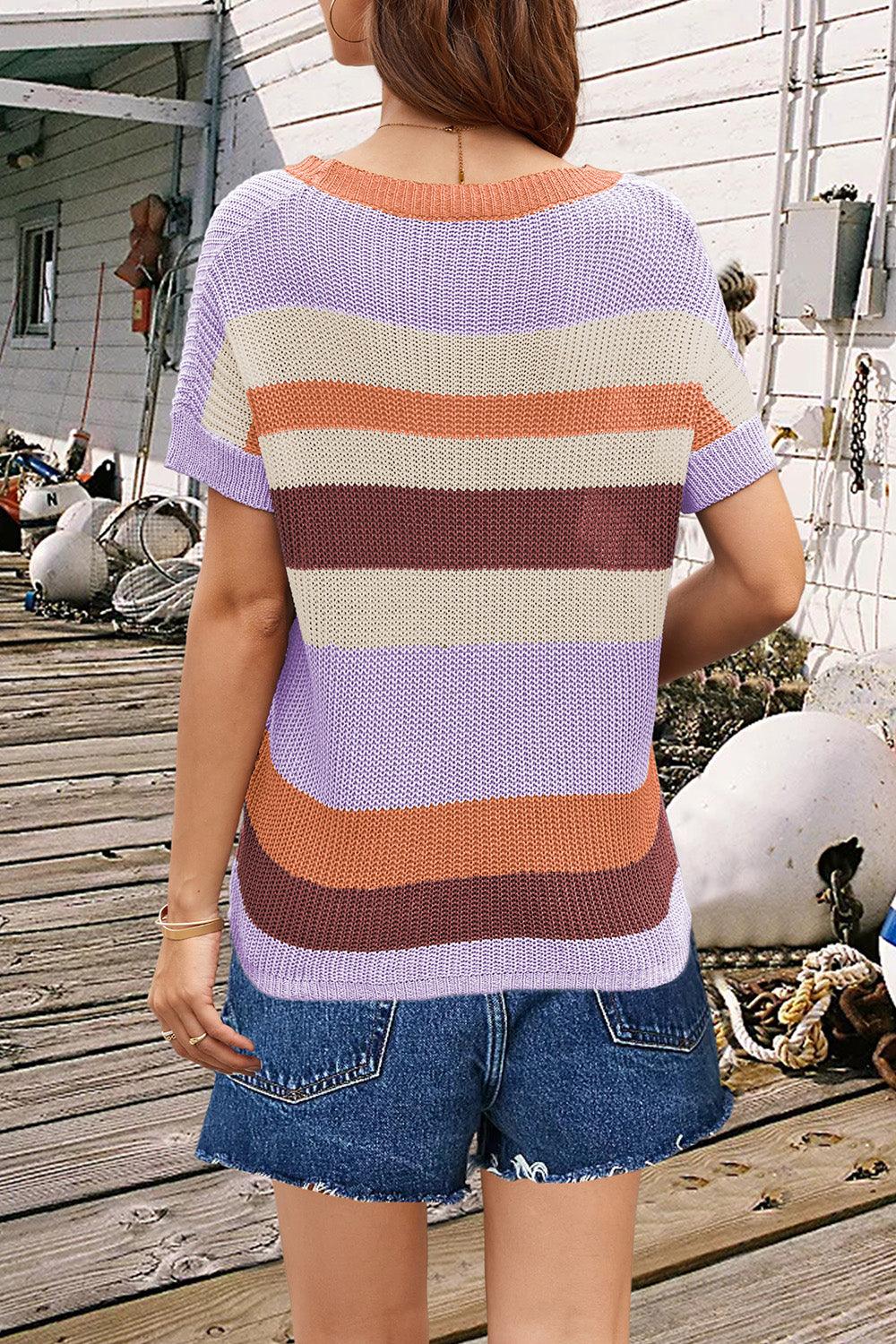 Striped Round Neck Short Sleeve Knit Top - Immenzive