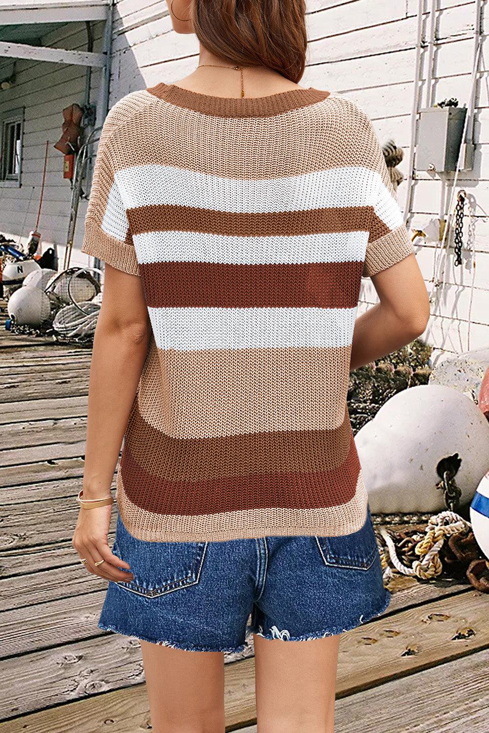 Striped Round Neck Short Sleeve Knit Top - Immenzive