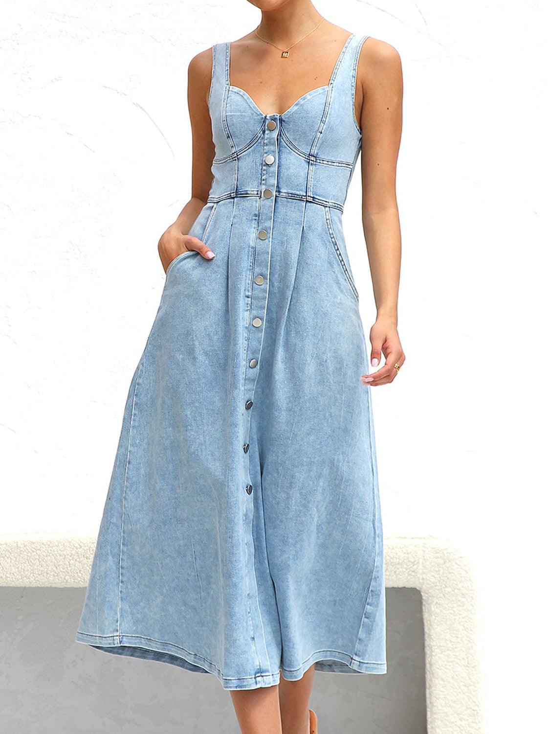 Sweetheart Neck Wide Strap Denim Dress - Immenzive