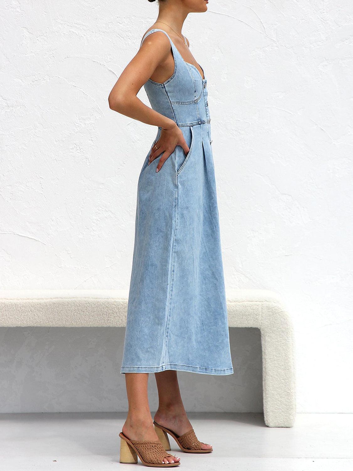 Sweetheart Neck Wide Strap Denim Dress - Immenzive