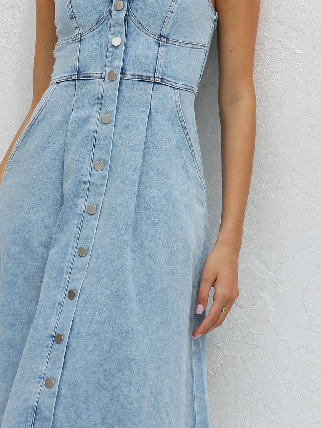 Sweetheart Neck Wide Strap Denim Dress - Immenzive