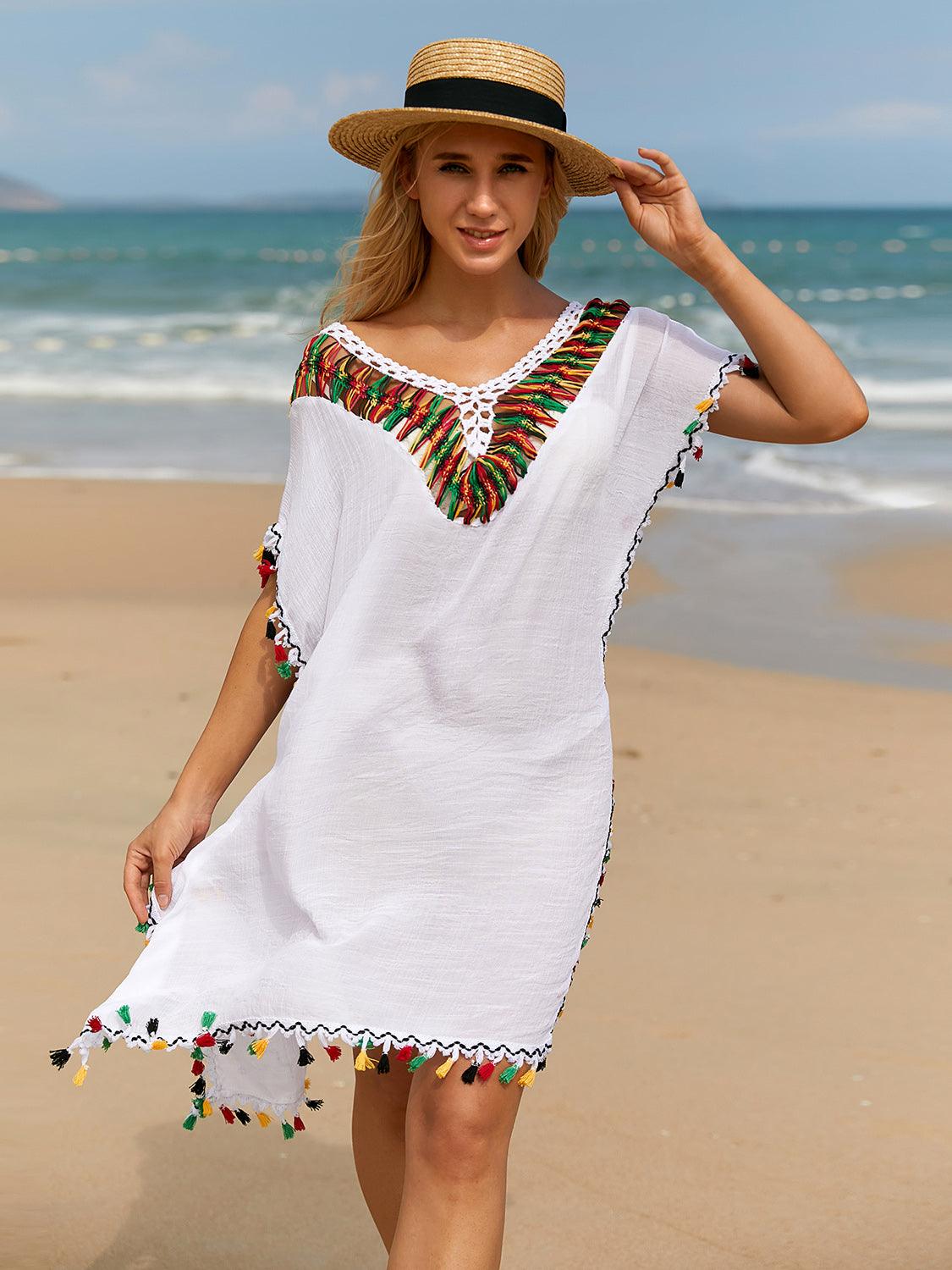 tassel-v-neck-short-sleeve-cover-up - Immenzive