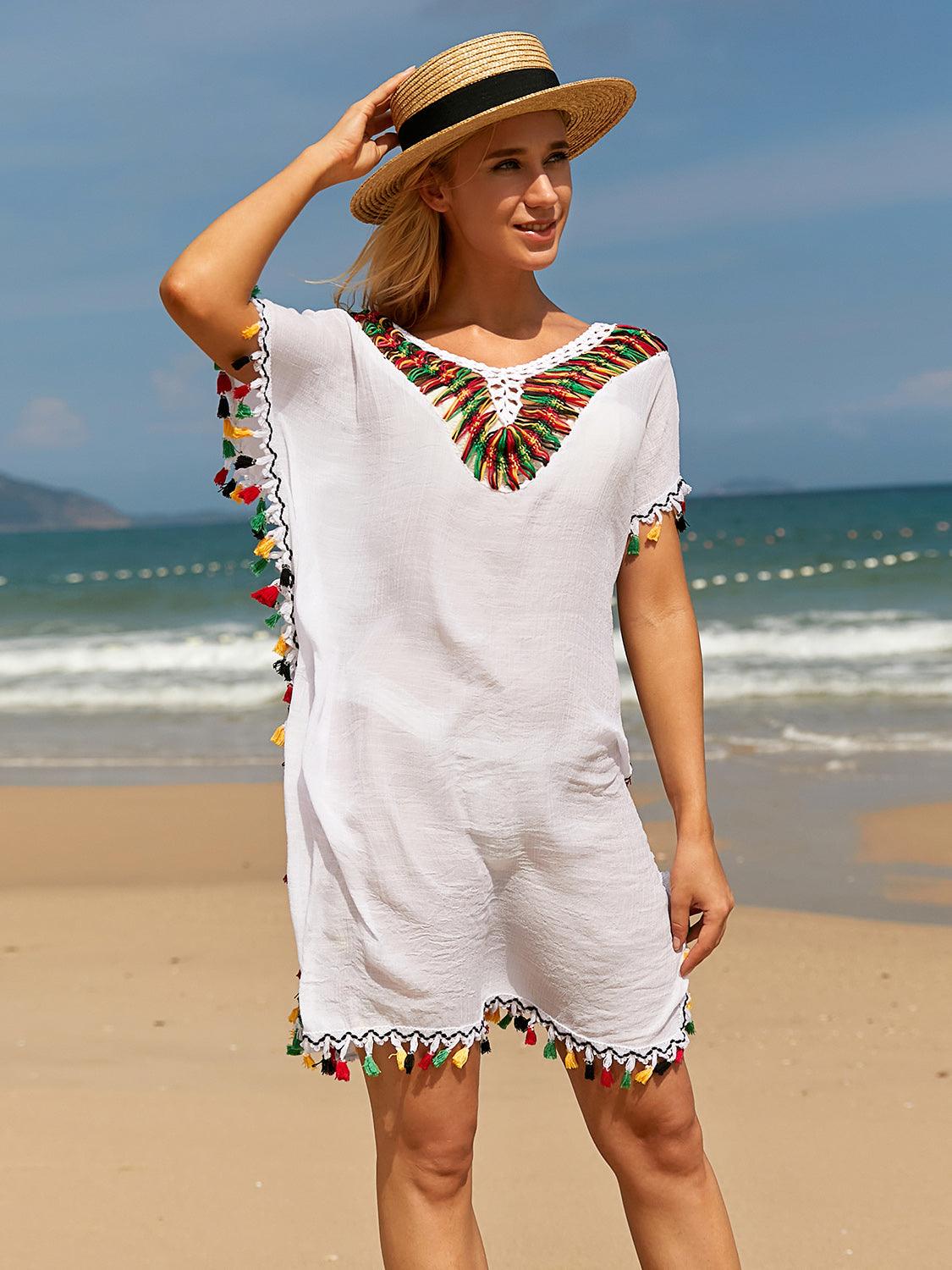 tassel-v-neck-short-sleeve-cover-up - Immenzive