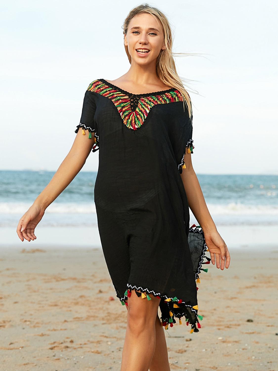 tassel-v-neck-short-sleeve-cover-up - Immenzive