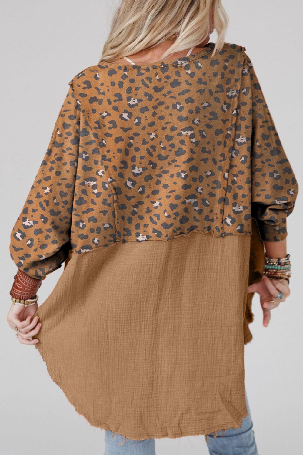 Textured Leopard Dropped Shoulder Blouse - Immenzive