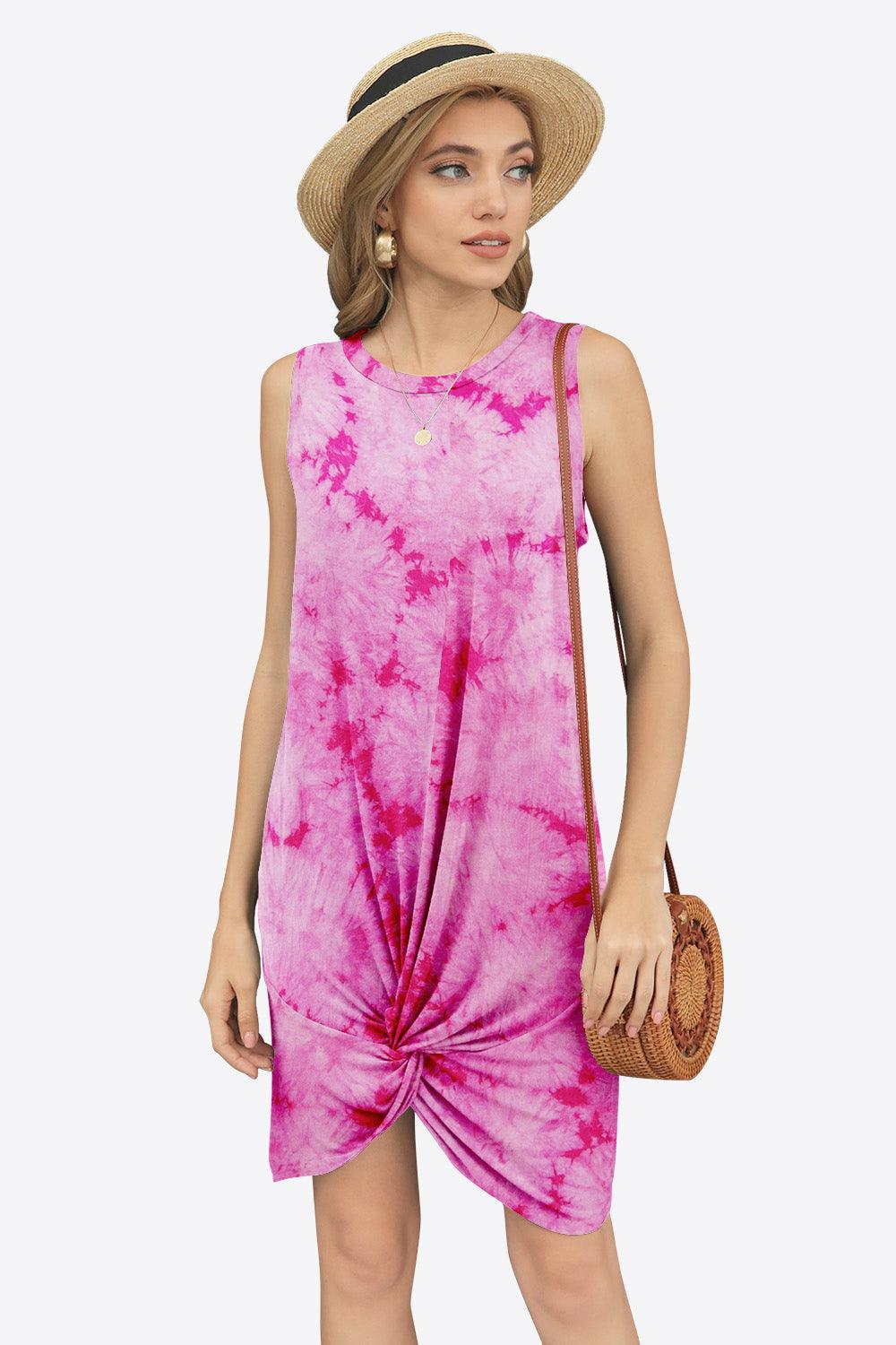 Tie-Dye Twisted Round Neck Sleeveless Dress - Immenzive