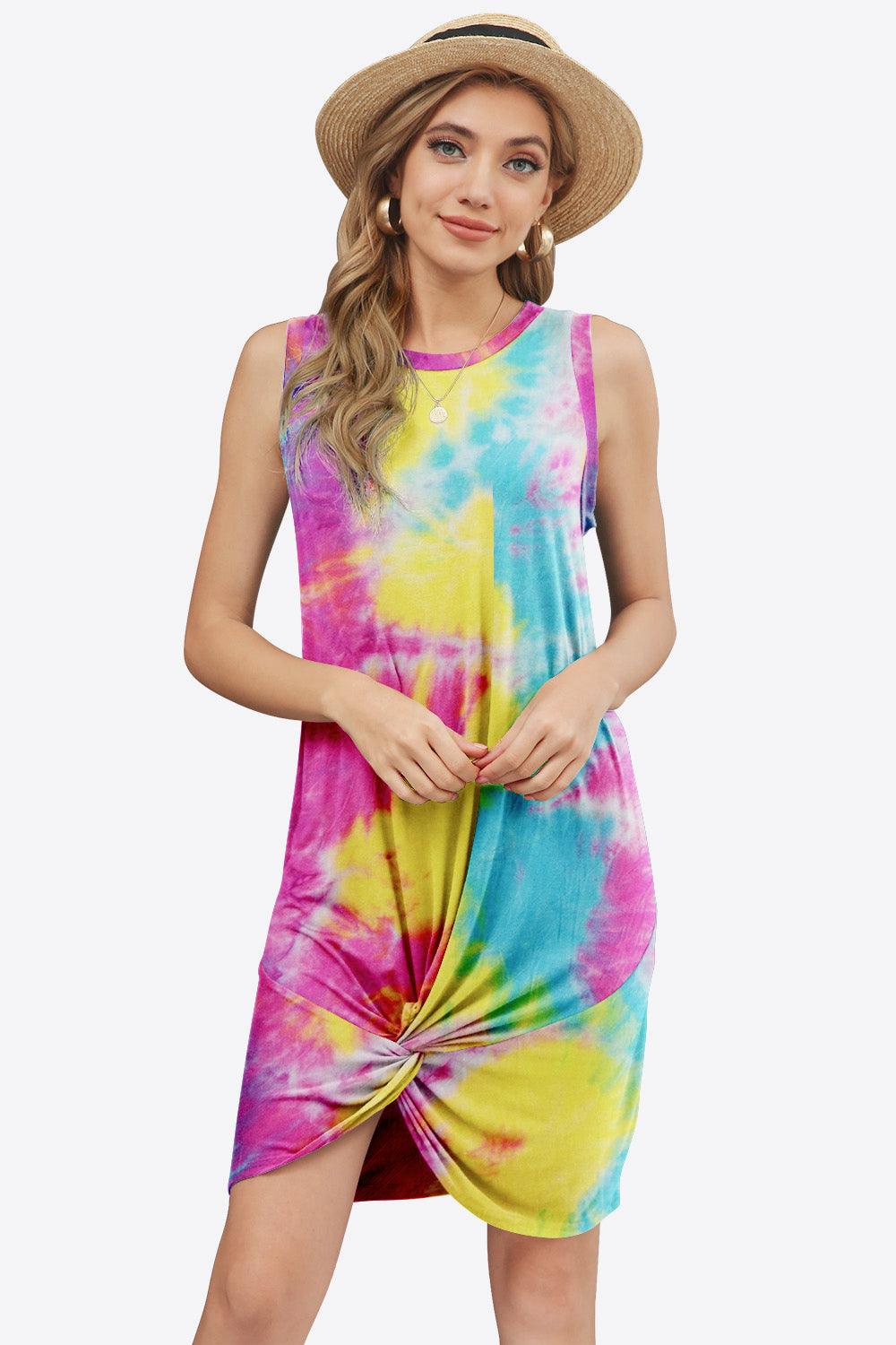 Tie-Dye Twisted Round Neck Sleeveless Dress - Immenzive