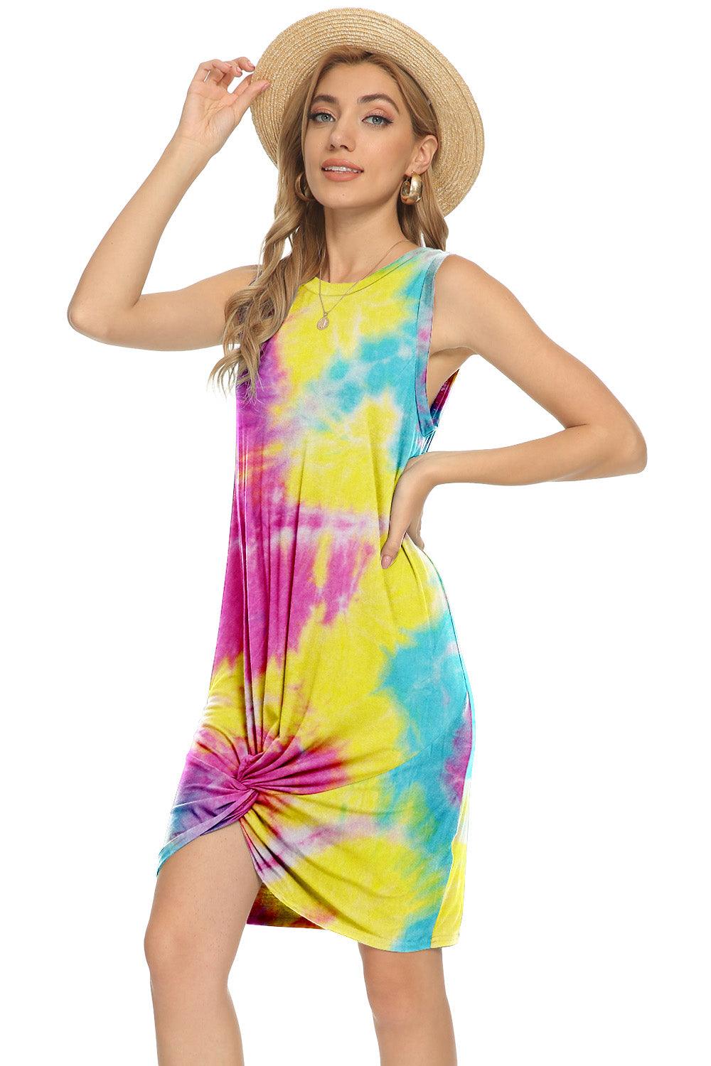 Tie-Dye Twisted Round Neck Sleeveless Dress - Immenzive