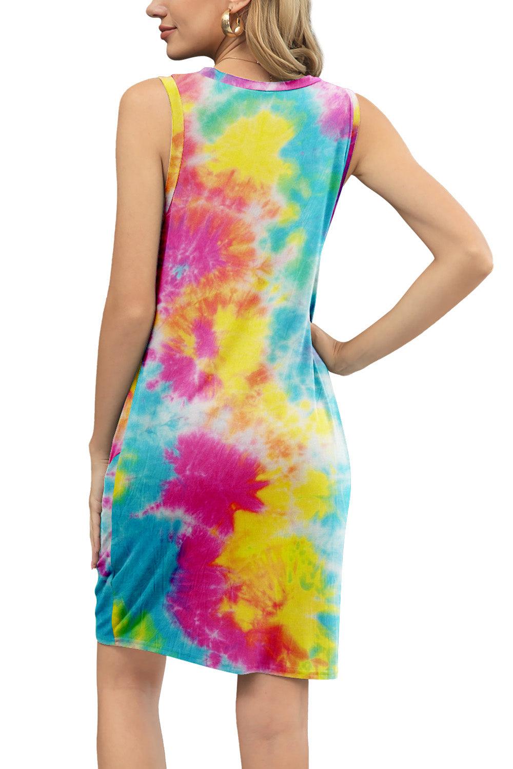 Tie-Dye Twisted Round Neck Sleeveless Dress - Immenzive