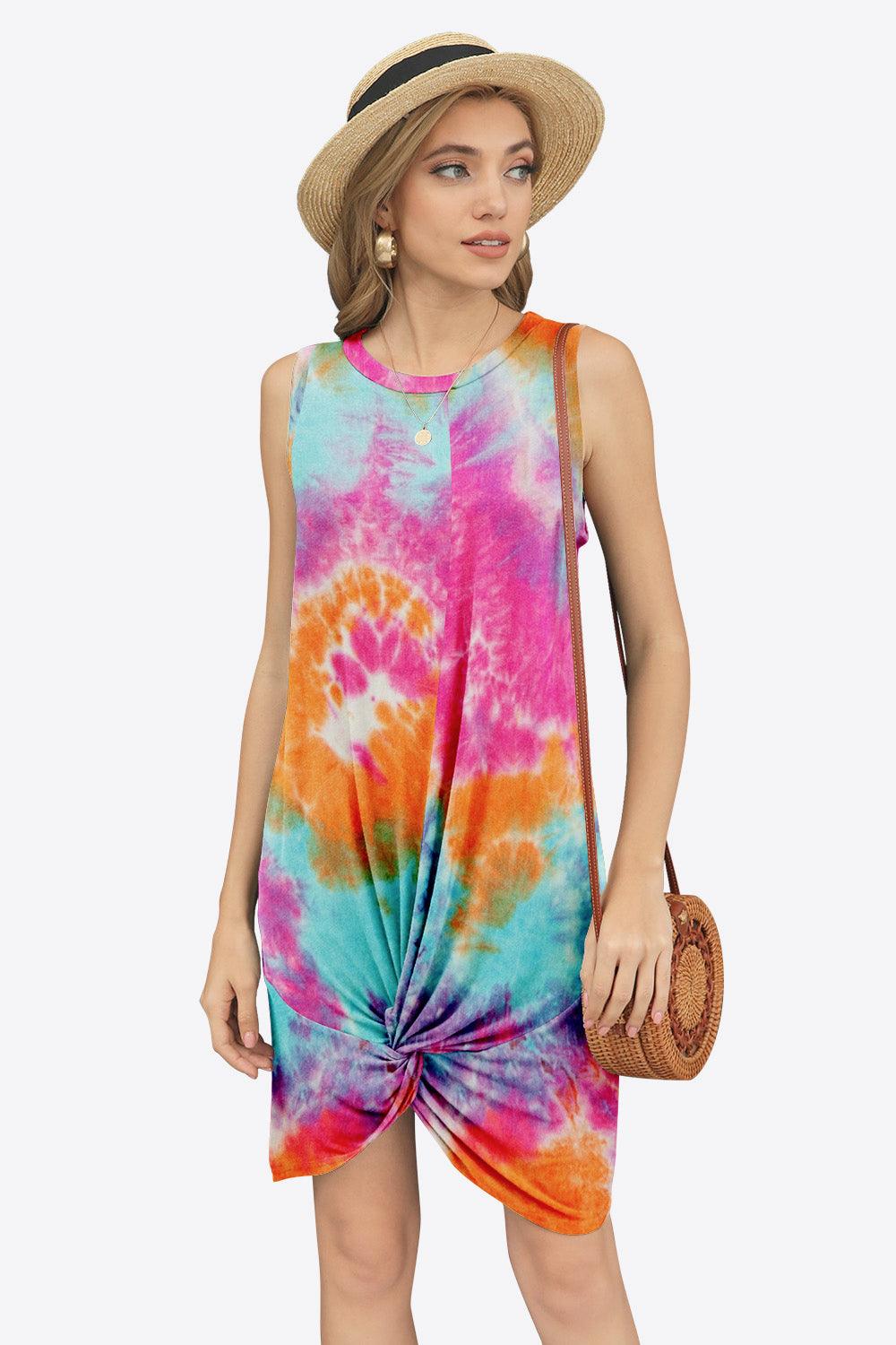 Tie-Dye Twisted Round Neck Sleeveless Dress - Immenzive