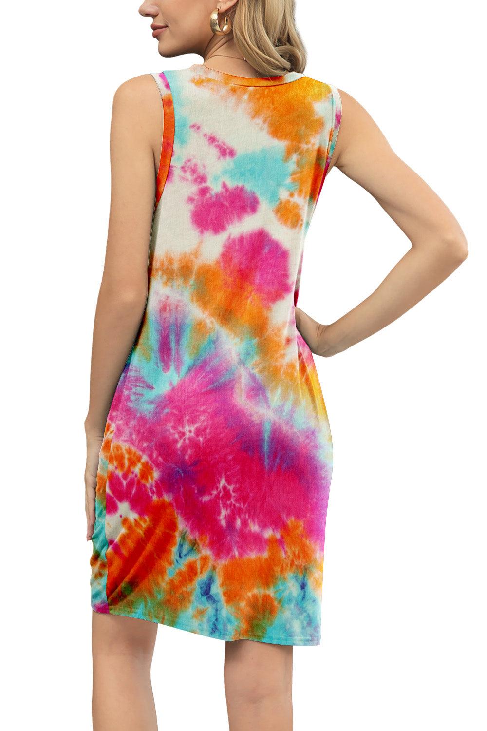 Tie-Dye Twisted Round Neck Sleeveless Dress - Immenzive