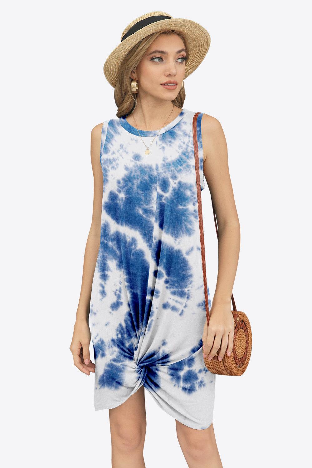 Tie-Dye Twisted Round Neck Sleeveless Dress - Immenzive