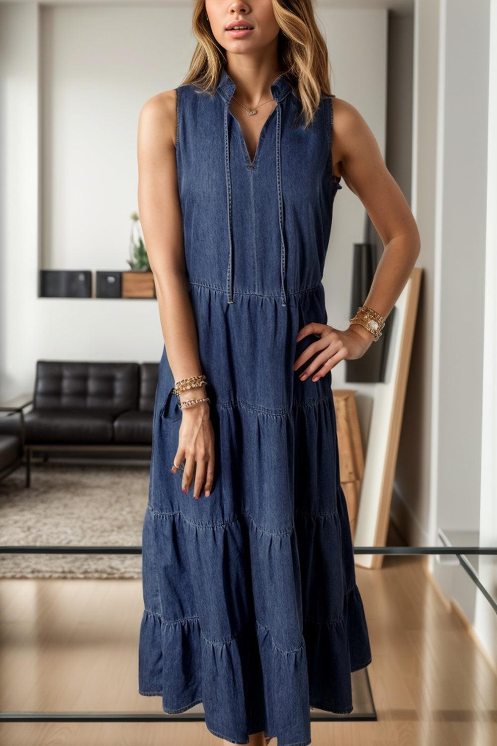 Tie Neck Sleeveless Denim Dress - Immenzive