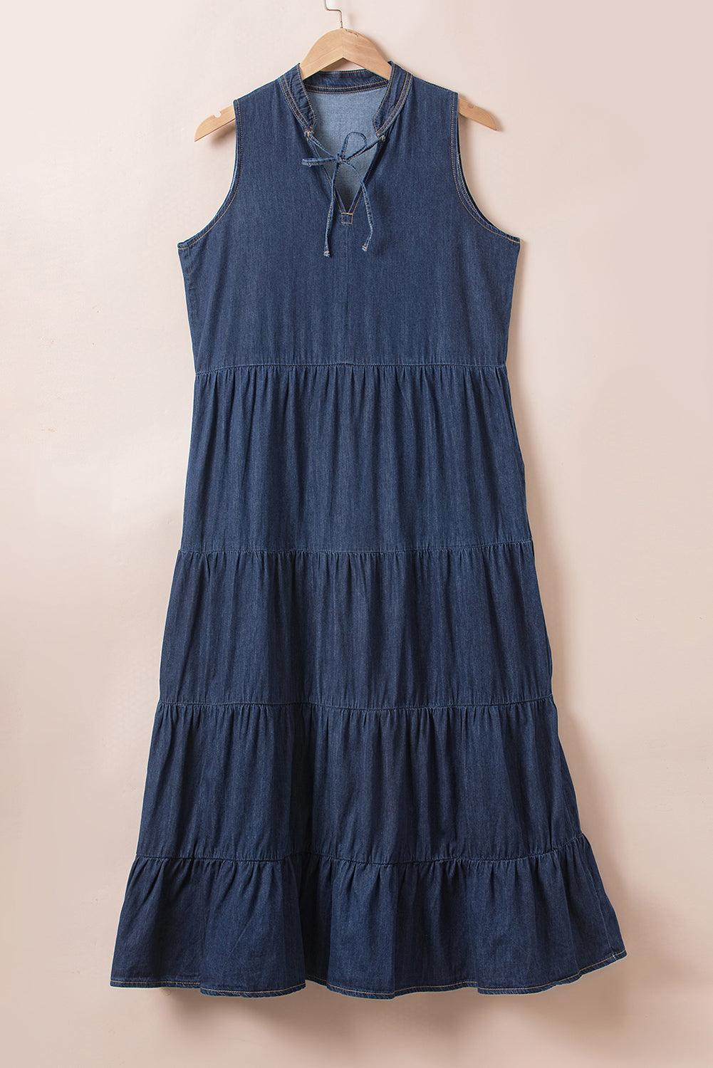 Tie Neck Sleeveless Denim Dress - Immenzive