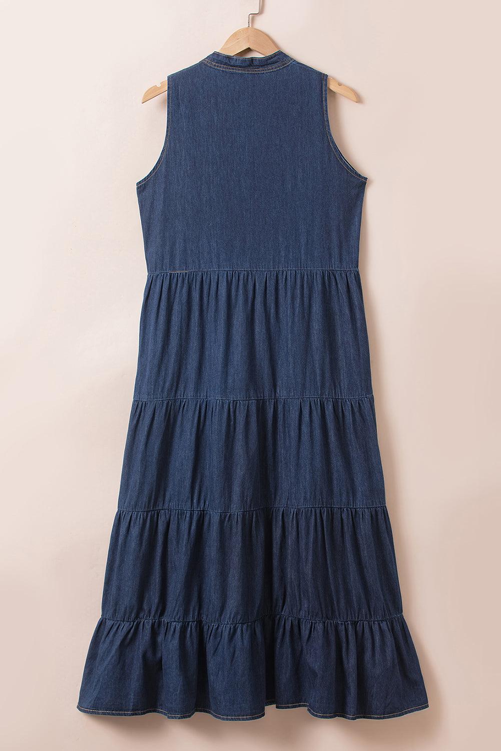 Tie Neck Sleeveless Denim Dress - Immenzive