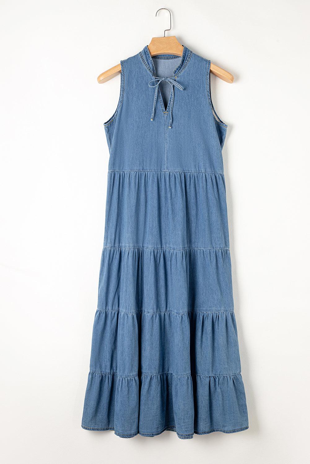 Tie Neck Sleeveless Denim Dress - Immenzive