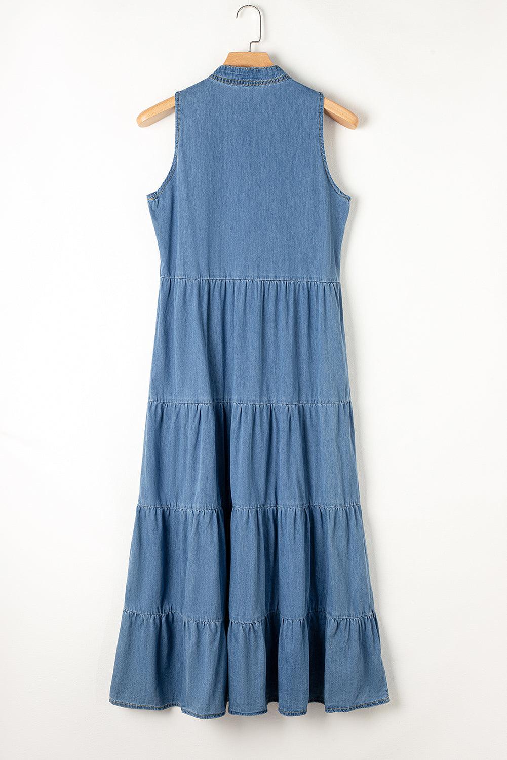 Tie Neck Sleeveless Denim Dress - Immenzive